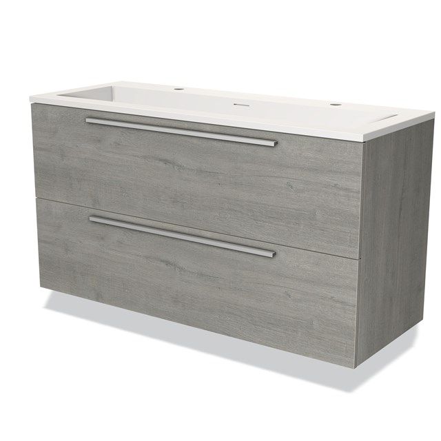 Maxaro Badkamermeubel 120cm Modulo Grijs Eiken 2 Lades Vlak Wastafel Solid Surface