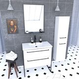 Aurlane Badkamermeubelset 80x50 cm Wit - 2 Lades - Witte Wastafel + Mat Zwarte Spiegel