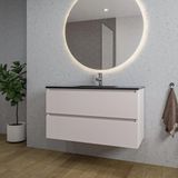 Saniclass Chaci Badkamermeubelset - 100x46x55cm - keramische wastafel zwart - 1 wasbak - 1 kraangat - 2 lades - ronde spiegel met verlichting - mat cotton (beige)