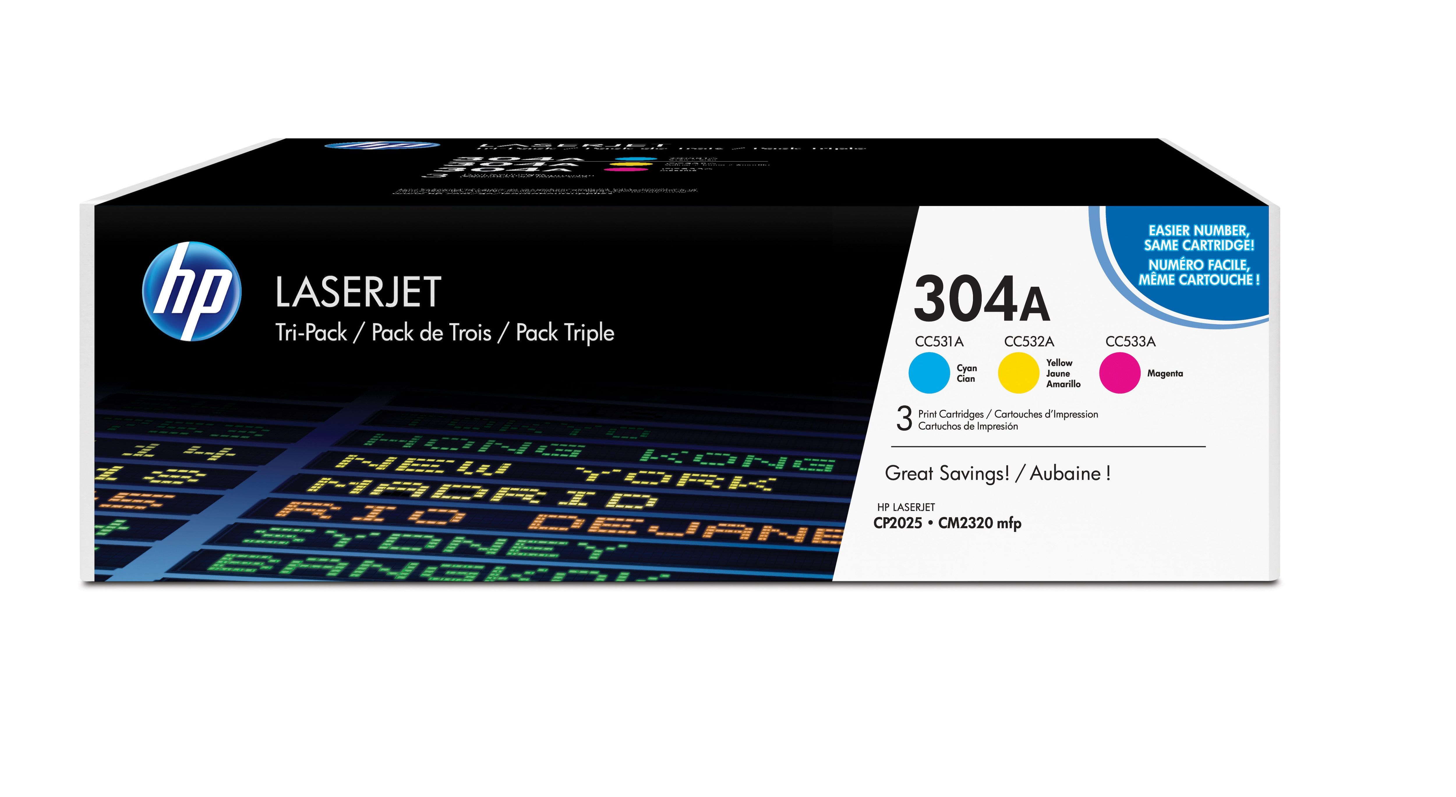 HP 304A Original Toner Cartridge 3-Pack (Cyan, Magenta, Yellow)
