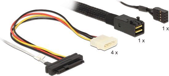 DeLOCK 83391 Mini-SAS HD SFF-8643 naar 4x SAS SFF-8482 Kabel met Molex en Sideband - 1 meter