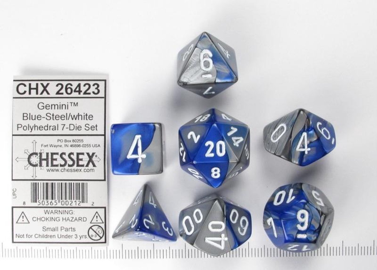 Chessex dobbelstenen set, 7 polydice, Gemini blue-steel w/white