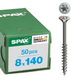 SPAX Roestvaststalen schroef, 8 x 140 mm, 50 stuks, Deeldraad, Verzonken kop, T-STAR plus T40, 4CUT, Roestvast staal A2