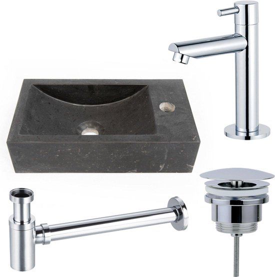 FortiFura Fuente fonteinset - 22x40x10cm - 1 kraangat - rechts - natuursteen - fonteinkraan chroom - donker