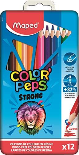 Maped Strong Color'Peps Kleurpotloden, 12 kleurpotloden, zeer robuust en ergonomisch, metalen doos met 12 potloden van kunsthars