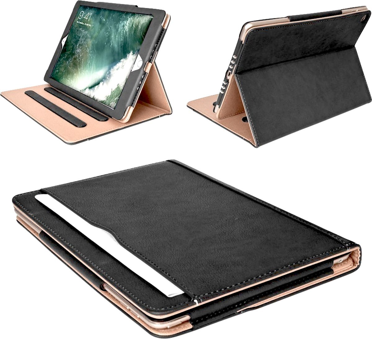 iCall Apple iPad 9.7 2017 / 2018 - Hoesje Leer Volledige 360 Graden Bescherming Zwart met Luxe Nude Binnenkant Hoes - Smart Bookcase voor iPad 9.7 2017 Case Cover Hoesje