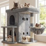 Merkloos Kattenhuis kattenboom - 65 cm - Met bovenplatform - Zacht pluche - Grijs