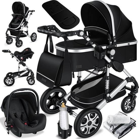 KESSER KESSER® Loops 3-in-1 kinderwagen combikinderwagen complete set incl. babybadje & buggy sportzitje & auto-babyschaal - volledig rubberen banden - luiertas / regenbescherming / kindertafelset, zwart/zilver