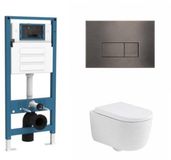 QeramiQ Dely Swirl Toiletset - reservoir encastré Qeramiq Flush - abattant 35mm - plaque de commande métal gunmetal - boutons rectangulaires - blanc mat
