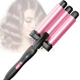 Krultang, Beach Waves Krultang met 3 vaten met instelbare temperatuur, PTC snelle verwarming, krultang voor alle haartypes, roze