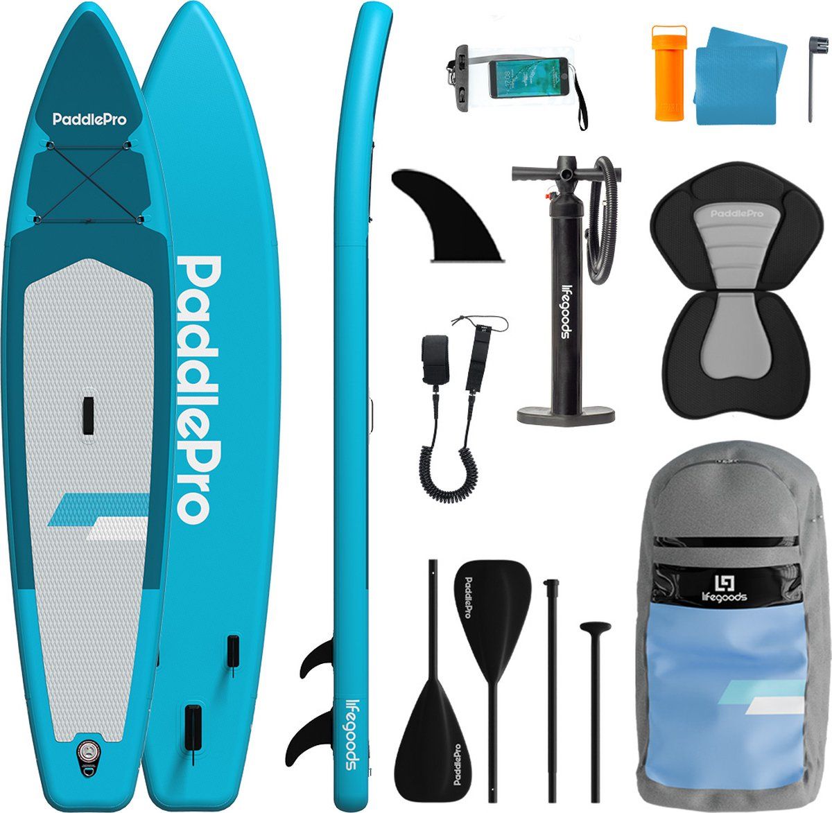 LifeGoods SUP Board Touring - 180 KG Draagkracht - 365 x 76 cm - Opblaasbaar - met Zitje - Compleet Sup pakket - Blauw