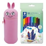 MARKY potloodetui in emoji-design in roze, zachte en slijtvaste silicone, incl. 10 STAEDTLER triplus kleurviltstiften 323, driehoekig, ong. 1 mm, gemaakt van 97% gerecycleerd materiaal