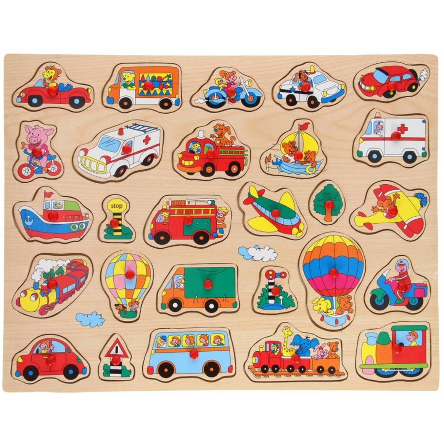 John Toys Houten knopjes/noppen puzzel voertuigen thema 45 x 35 cm speelgoed