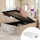 MODFU Bedframe 90x200 cm – Katoen-linnen beige – LED hoofdbord met USB-C – Inclusief pocketveer matras (H3)