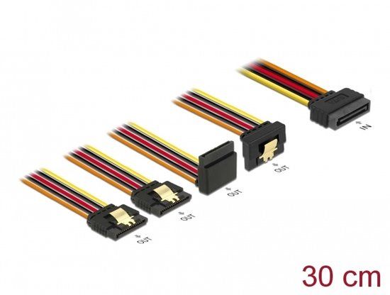 Delock Cable SATA 15 pin power plug with latching function > SATA 15 pin power receptacle 2 x straight / 1 x down / 1 x up 30 cm