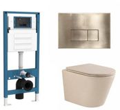 QeramiQ Dely Toiletset - inbouwreservoir Qeramiq Flush - slim zitting - metaal messing geborstelde bedieningsplaat - rechthoekige knoppen - beige