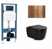 QeramiQ Dely Swirl Toiletset - inbouwreservoir Qeramiq Flush - 35mm zitting - metaal koperen bedieningsplaat - ronde knoppen - mat zwart