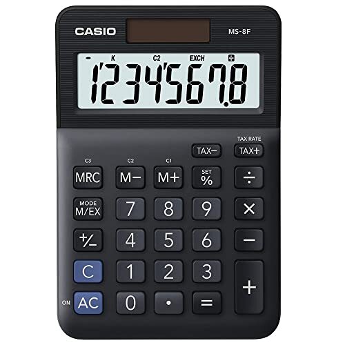 Casio Tafelrekenmachine MS-8F, 8-cijfers, belastingberekening, omrekening, tekenswisseling, werkt op zonne-energie/batterijen