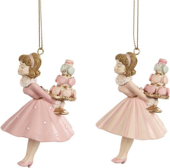 Viv! Christmas Goodwill M&G Kerstornament - meisjes met macaron kus - set van 2 - roze - 9cm