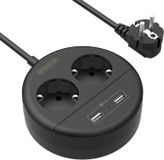 Multiprise avec 2 prises et 2 USB - Protection contre les surtensions - Support mural - Gain de place - Noir
