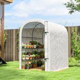 Serre de jardin avec étagères, 123 x 187 x 189 cm, petite serre avec porte sectionnelle, bâche en polyéthylène haute densité 140 g/m², blanche