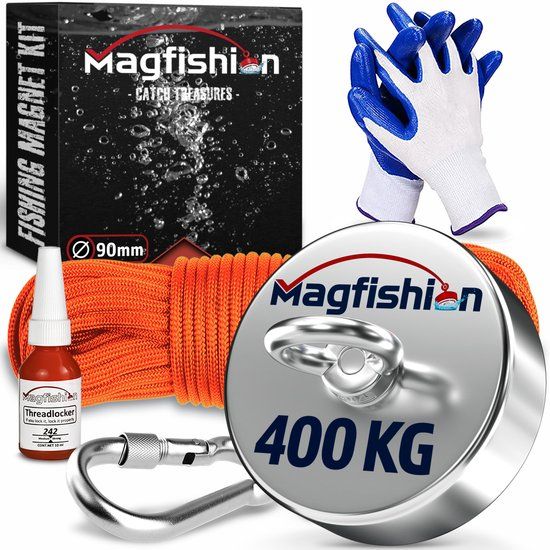 Magfishion Magneetvissen Set 400 KG - Vismagneet - 20 Meter Lang Touw + Karabijnhaak met Schroefsluiting - Handschoenen - Borgmiddel - Magneetvissen Starterspakket - Magneet Vissen - Outdoor - Magneetvissen Kinderen