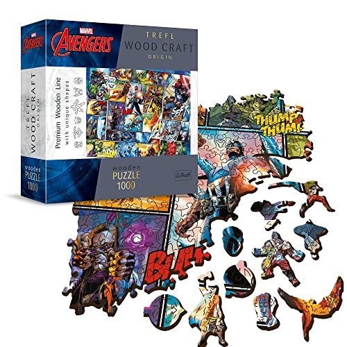 Trefl - Wood Puzzle: Marvel Comic Universe - 1000 Elementen, Wood Craft, Hout Ambacht, 100 Superhero Figuren en Attributen, Premium Puzzel, Voor Volwassenen en kinderen vanaf 12 jaar