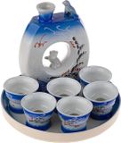 Lachineuse Sake Set met 6 glazen, karaf en dienblad, Japans porselein, blauw
