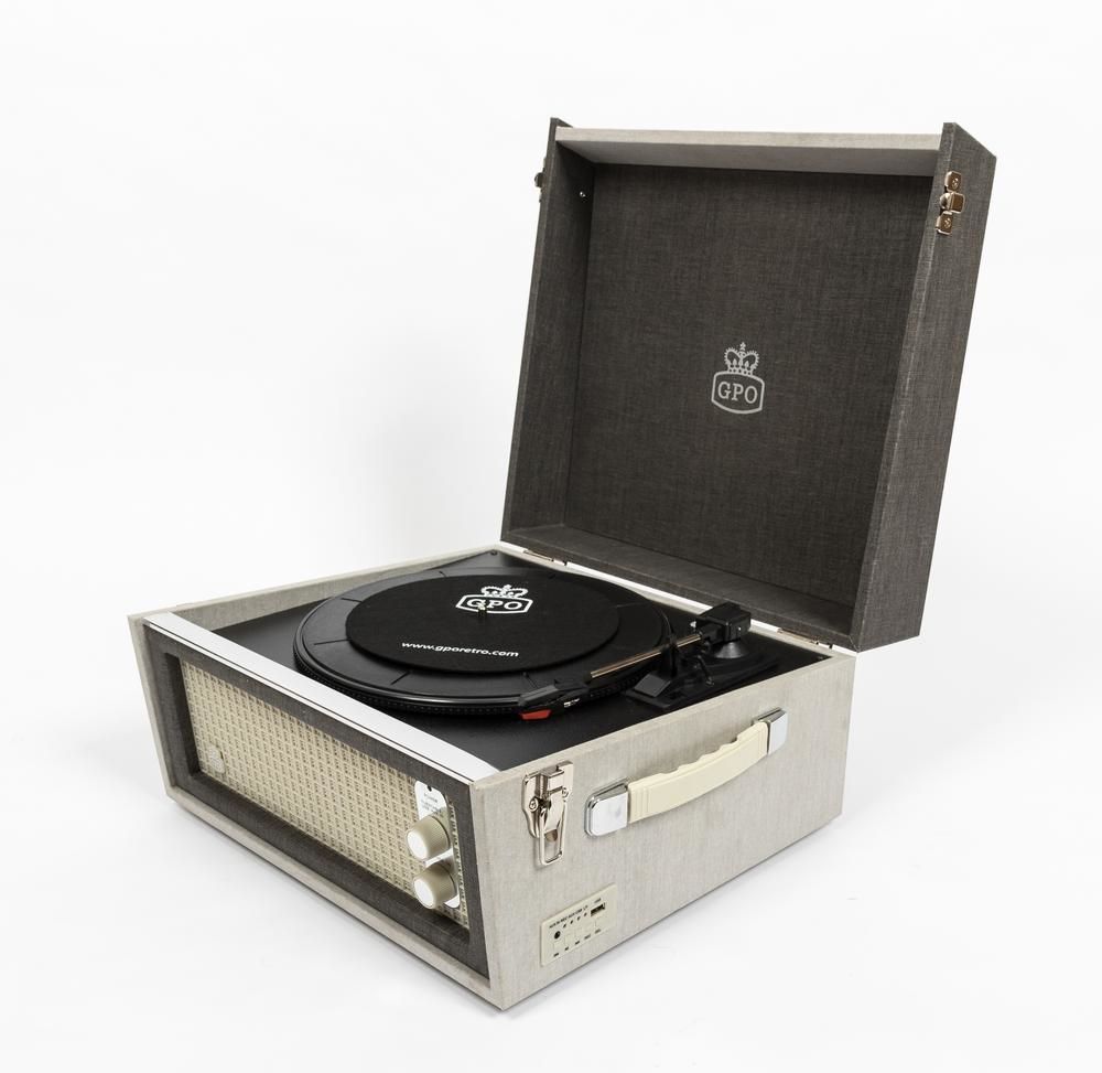 GPO Retro GPO BERMUDAGRY Kofferplatenspeler - Grijs - Met USB, AUX, en Ingebouwde Speakers