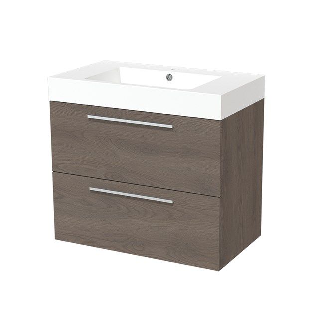 Maxaro Badkamermeubel 80cm Modulo Donkerbruin Eiken 2 lades Vlak Wastafel Mineraalmarmer
