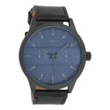 OOZOO Timepieces - Zwarte heren polshorloge met blauwe wijzerplaat en zwarte leren band - C10539