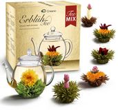 Creano Theebloemen Mix - coffret cadeau doré thé fleuri avec théière en verre thé blanc, vert et noir en 6 variétés, fleur de thé, thé en fleurs, cadeau pour femmes