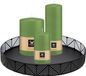 Wiedemann Bougies cylindriques - set de bougies coniques - sur plateau noir en métal - 3x pièces - vert - 6 x 12 - 10x15 - 7x20 cm