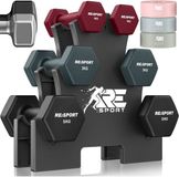 RE:SPORT® Set de haltères 3 paires 1kg–5kg, 18kg avec Standard & 3x bandes de fitness | Haltères en néoprène antidérapants pour femmes et hommes | Haltères Set