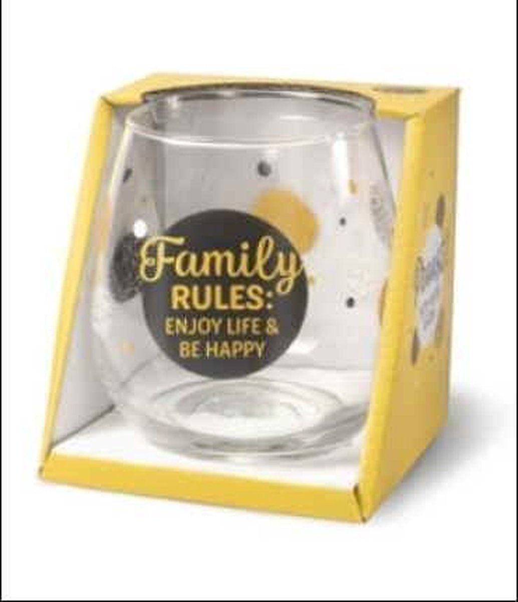 Snoepkado.com Wijnglas - Waterglas - Family Rules: enjoy life & be happy - Gevuld met Italiaanse bonbons - Cadeauverpakking