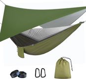 Merkloos Camping Hangmat met Muskietennet – Met Regenzeil – 2 Persoons – Ultralicht – 200 kg – Army green