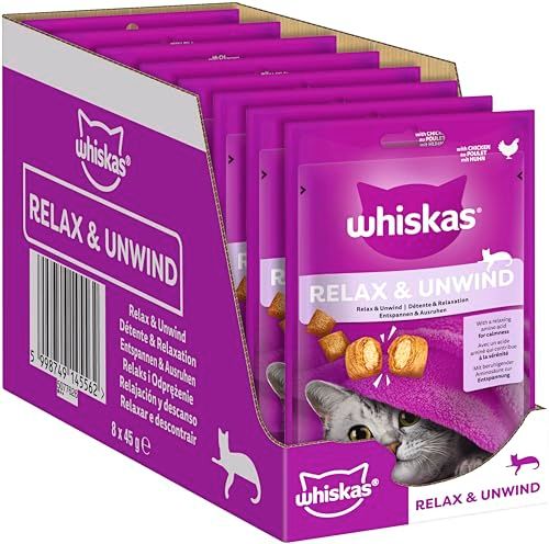 Whiskas Relax & Unwind Kattensnacks in portiezak voor volwassen katten met kip, 8 x 45 g