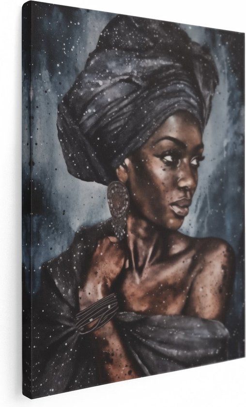 Artaza Canvas Schilderij Zwarte Vrouw in een Tulband - 90x120 - Wanddecoratie - Canvas Print