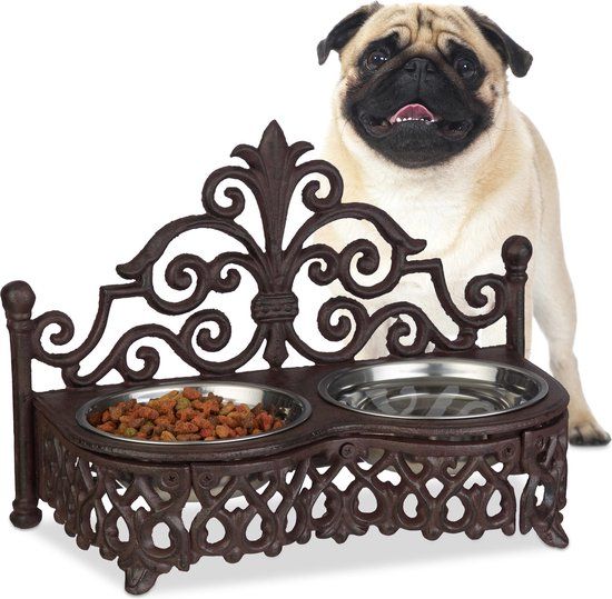 Relaxdays Dubbele Hondenvoerbak Antiek - RVS en Gietijzer - 2 x 0.3L - Bruin