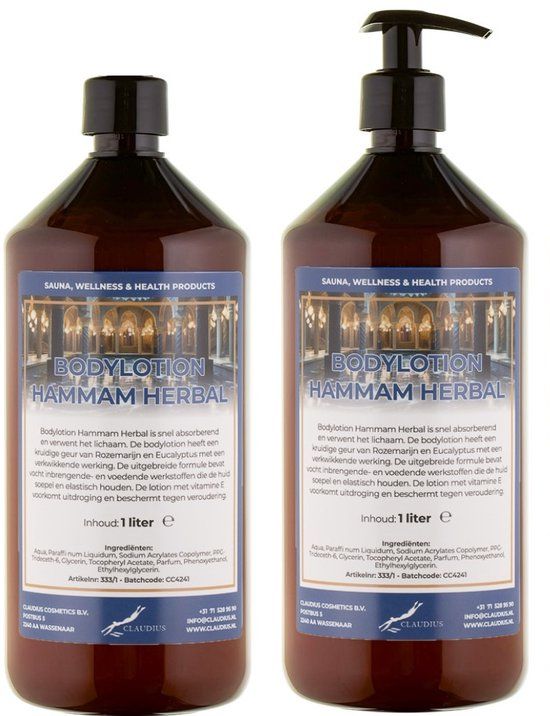 Claudius Cosmetics B.V. Bodylotion Hammam Herbal 1 Liter - met gratis pomp - set van 2 stuks