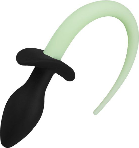 EIS, anaalspeeltje, dildo, siliconen anaalplug met staart, 28 cm, brede basis, conische vorm, huidvriendelijke siliconen, staart licht op in het donker, zwart/neongroen