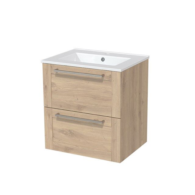 Maxaro Badkamermeubel 60cm Modulo Lichtbruin Eiken 2 lades Kader Wastafel Keramiek