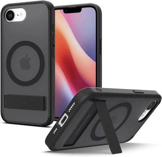 Spigen Ultra Hybrid S MagFit - Hoesje Geschikt voor Apple iPhone 17e / 16e - Compatibel met MagSafe - Back Cover met Air Cushion - Uitklapbare Standaard - Frost Zwart