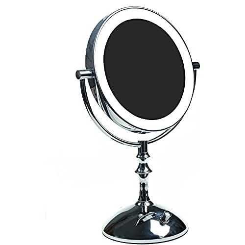 HIMRY KXD3136N-7x Slimme led-staande cosmeticaspiegel, 8 inch, 7x vergroting, traploos instelbare helderheid, staande tafelspiegel, verlicht, make-up scheren badkamerspiegel, normaal + 7-voudige zoom