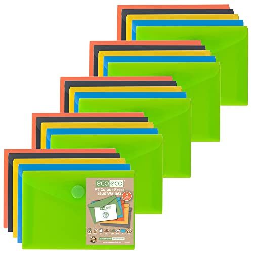 eco-eco A7 50% Gerecycleerde Diverse Kleuren Druk Stud Popper Portemonnee, Plastic Mappen (Pack van 25), eco077x25