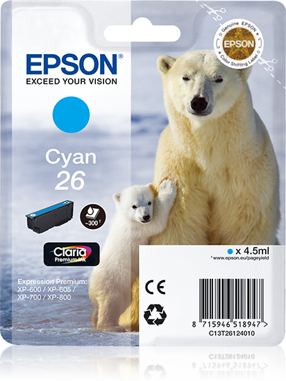 Epson Polar bear Singlepack Cyan 26 Claria Premium Ink single pack / cyaan