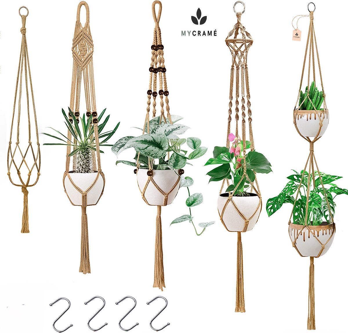 Mycramé 5 Stuks Jute Macrame Plantenhangers - Boho Handgeweven Katoen Hangpot voor Binnen/Buiten - Hangende Bloempot met Kralen - Macramé Touw/Koord Hangplant Houder - Bohemian Wandhanger Decoratie - Plant Hanger - Verticale Tuin Bloempothouder Planthanger
