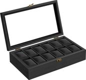SONGMICS Horlogebox met 12 compartimenten, massief houten horlogekast met glazen deksel en horlogekussentje, cadeau voor uw dierbaren, zwart JOW120B02