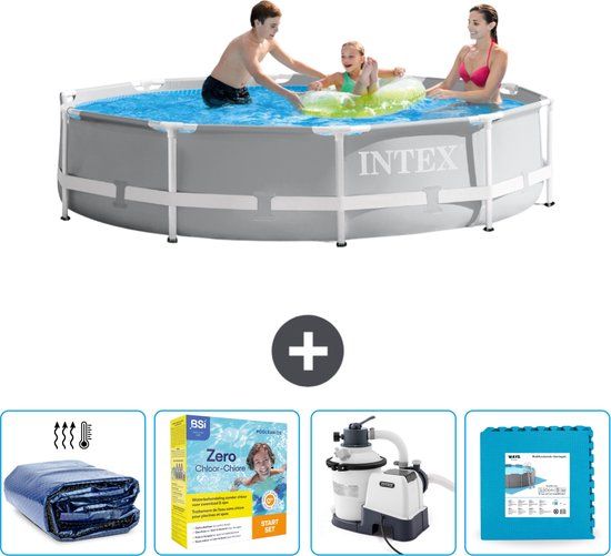 Intex Prism Frame Zwembad - 305 x 76 cm - Grijs - Incl. Solarzeil, Onderhoudspakket & Filterpomp