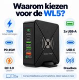 DrPhone WL5 75W USB Oplader – 5-Poorts Laadstation met Draadloos Opladen – PD 45W – QC 3.0 – USB-C – Zwart
